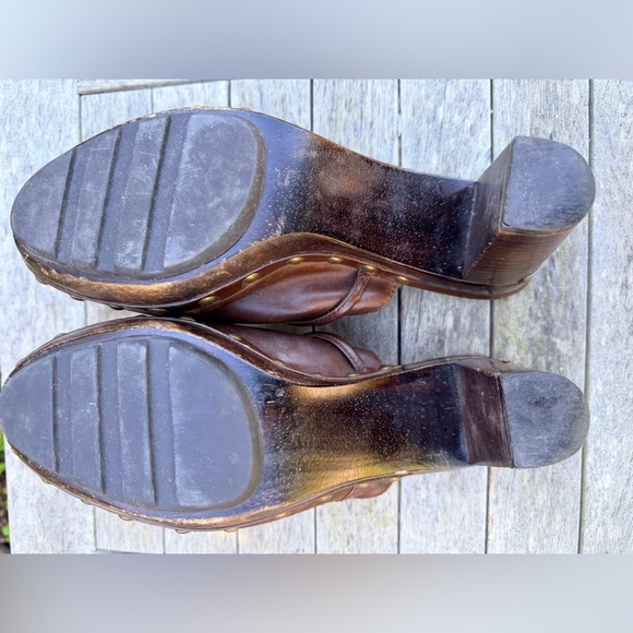 Coach Brown Leather Platform Mules with brass studs and accents. - Picture 14 of 15